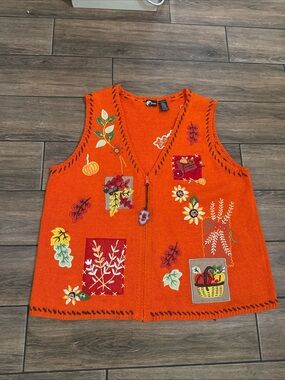 Holiday Editions Fall Knit Vest Womens XL Orange Embroidered Pumpkins Leaves VTG